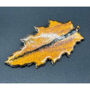 Vintage Autumn Leaf Brooch Pin Enamel on Copper Statement Fall Jewelry Orange